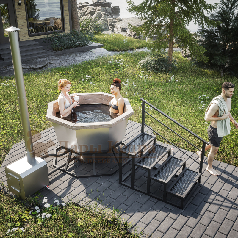 Банный чан из нержавеющей стали Ø-1750 на подставке с приставной печью